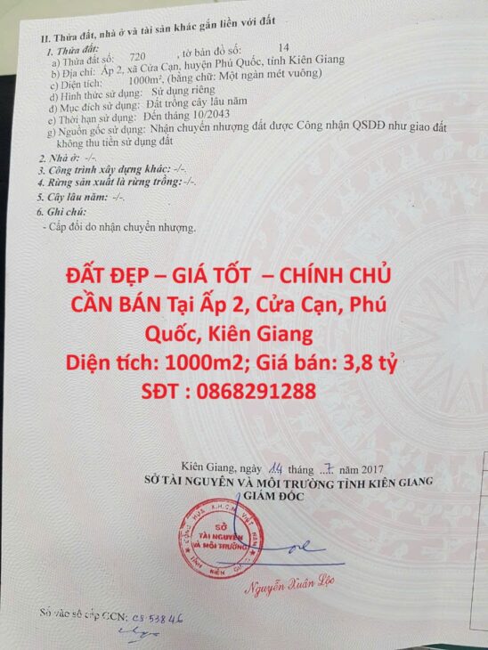 ĐẤT ĐẸP – GIÁ TỐT – CHÍNH CHỦ CẦN BÁN Tại Ấp 2, Cửa Cạn, Phú Quốc, Kiên Giang