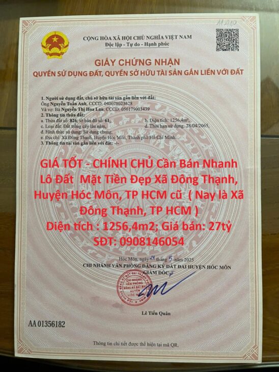 GIÁ TỐT – CHÍNH CHỦ Cần Bán Nhanh Lô Đất Mặt Tiền Đẹp Vị Trí Tại Huyện Hóc Môn, TP HCM