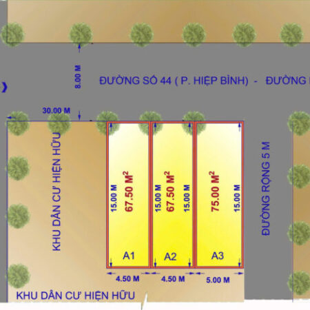 Mở bán 3 lô đất mặt tiền đường 44, Hiệp Bình Chánh. DT 4,5×15. Giá chỉ 6,75 tỷ TL