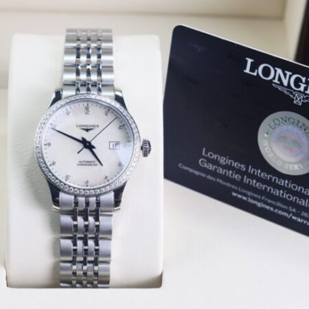 ĐH Nữ Longines Record Automatic Chronometer Mặt Xà Cừ, full Kim Cương, Size 30mm Fullbox