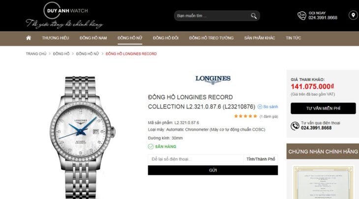 ĐH Nữ Longines Record Automatic Chronometer Mặt Xà Cừ, full Kim Cương, Size 30mm Fullbox
