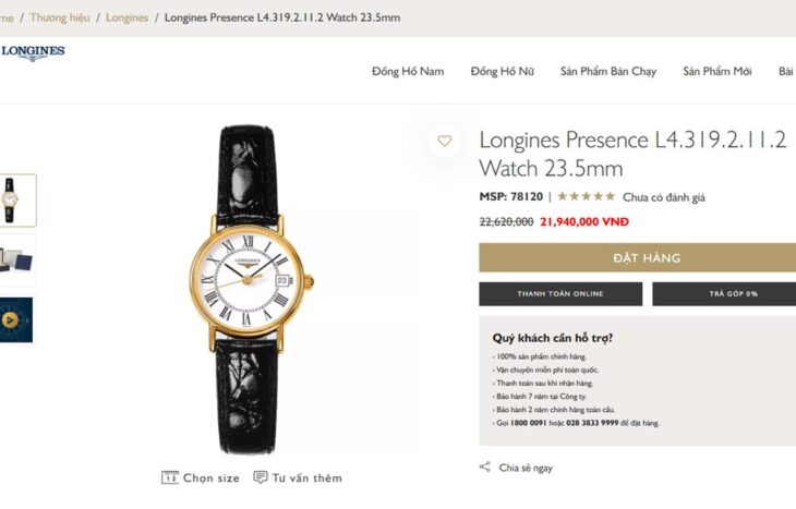 Đồng Hồ Nữ : Longines Presence dây da – Mạ Vàng PVD, Lướt siêu đẹp – full hộp…