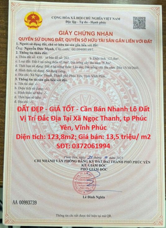 ĐẤT ĐẸP – GIÁ TỐT – Cần Bán Nhanh Lô Đất Vị Trí Đắc Địa Tại Xã Ngọc Thanh, tp Phúc Yên, Vĩnh Phúc