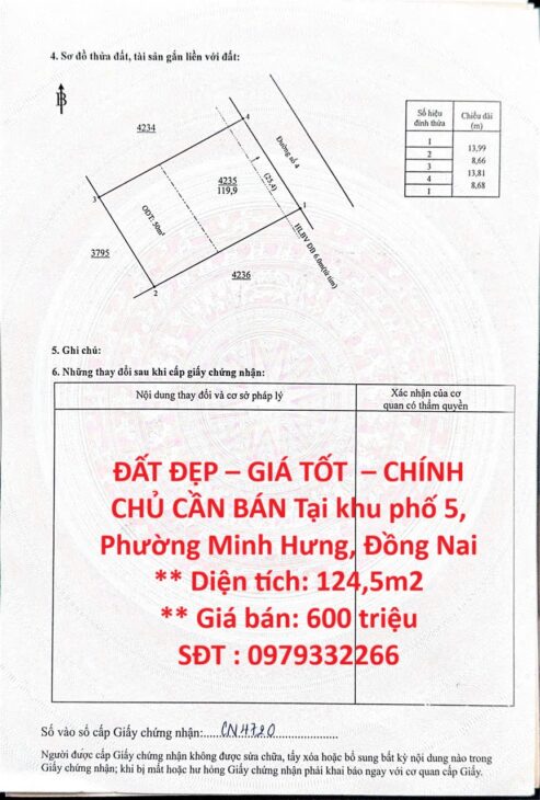 ĐẤT ĐẸP – GIÁ TỐT – CHÍNH CHỦ CẦN BÁN Tại khu phố 5, Phường Minh Hưng, Đồng Nai
