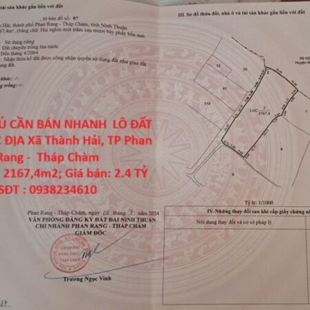 CHÍNH CHỦ CẦN BÁN NHANH LÔ ĐẤT VỊ TRÍ ĐẮC ĐỊA Xã Thành Hải, TP Phan Rang – Tháp Chàm, Ninh Thuận