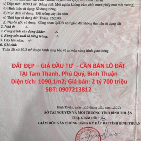 ĐẤT ĐẸP – GIÁ ĐẦU TƯ – CẦN BÁN LÔ ĐẤT TẠI Tam Thanh, Phú Quý, Bình Thuận ĐẤT ĐẸP – GIÁ ĐẦU TƯ – CẦN BÁN LÔ ĐẤT TẠI Tam Thanh, Phú Quý, Bình Thuận