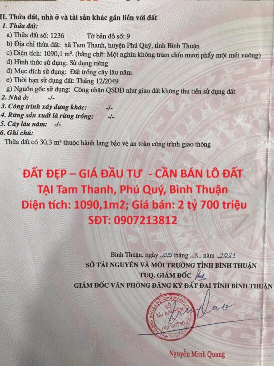 ĐẤT ĐẸP – GIÁ ĐẦU TƯ – CẦN BÁN LÔ ĐẤT TẠI Tam Thanh, Phú Quý, Bình Thuận