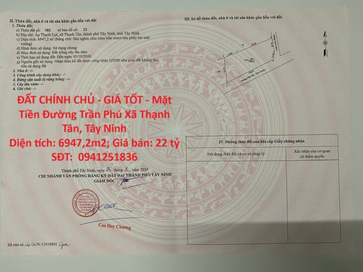 ĐẤT CHÍNH CHỦ – GIÁ TỐT – Mặt Tiền Đường Trần Phú Xã Thạnh Tân, Tây Ninh