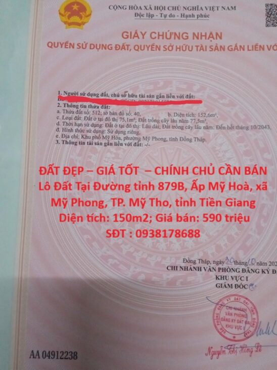 ĐẤT ĐẸP – GIÁ TỐT – CHÍNH CHỦ CẦN BÁN Lô Đất Tại Mỹ Hòa – Mỹ Phong – Đồng Tháp