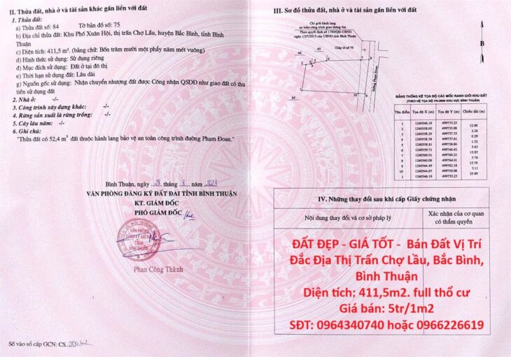 ĐẤT ĐẸP – GIÁ TỐT – Bán Đất Vị Trí Đắc Địa Thị Trấn Chợ Lầu, Bắc Bình, Bình Thuận