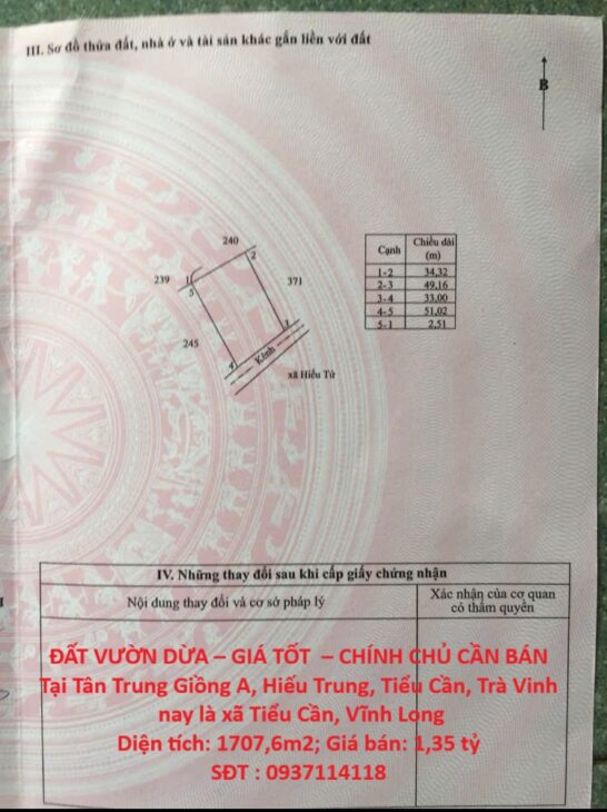 ĐẤT VƯỜN DỪA – GIÁ TỐT – CHÍNH CHỦ CẦN BÁN Tại Tân Trung Giồng A, Hiếu Trung, Tiểu Cần, Trà Vinh
