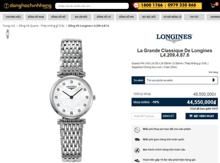 ĐH Nữ : Longines La Grande L4.209.4.87.6 mặt Xà Cừ, cọc số Kim Cương Size 24mm fullbox