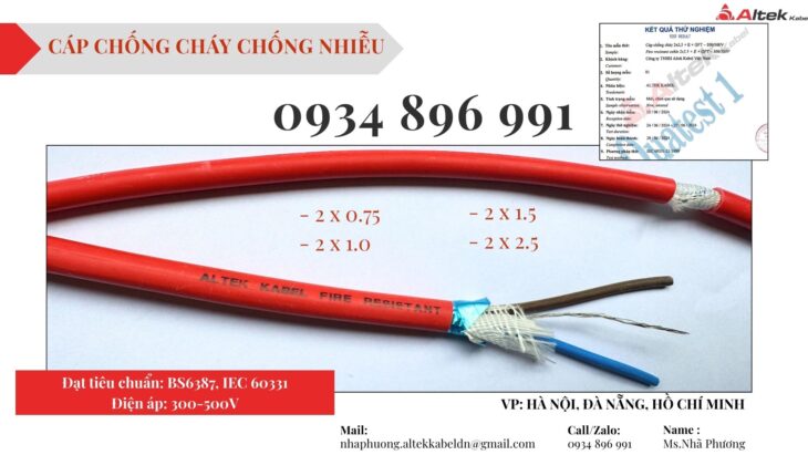Cáp Chống Cháy Chống Nhiễu 2×1.0 mm2 Chuẩn BS6387, IEC 60331 Có Sẵn.