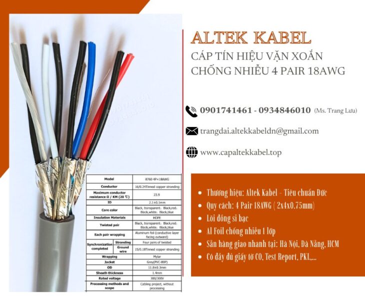 Cáp tín hiệu vặn xoắn chống nhiễu 18AWG 1 pair, 2 pair, 3 pair, 4 pair