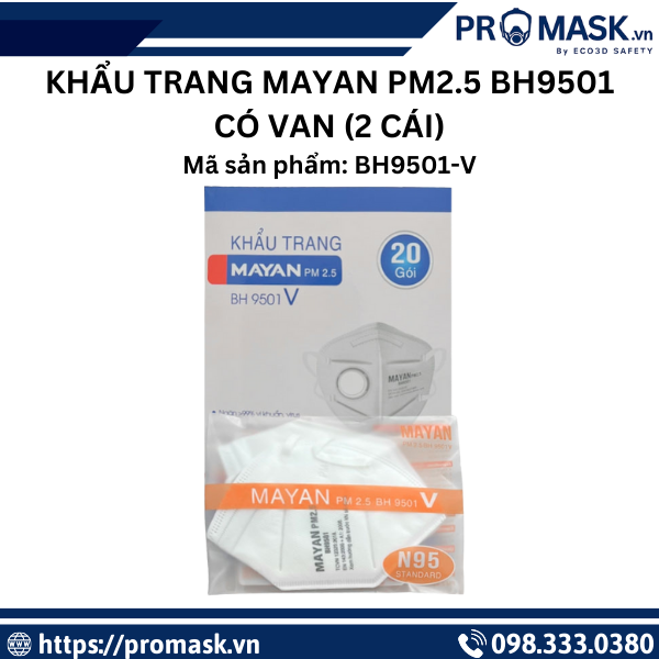 Khẩu trang MAYAN PM2.5 BH9501 có van (2 cái) – Lọc bụi mịn, dễ thở hơn