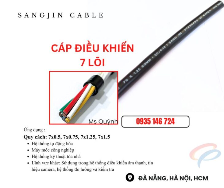 Cáp cvvs 7×0.5, 7×0.75, 7×1.25, 7×1.5 sangjin Sài Gòn, Đồng Nai, Bình Dương, Kiên Giang, An Giang