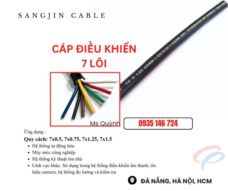 Cáp cvvs 7×0.5, 7×0.75, 7×1.25, 7×1.5 sangjin Sài Gòn, Đồng Nai, Bình Dương, Kiên Giang, An Giang