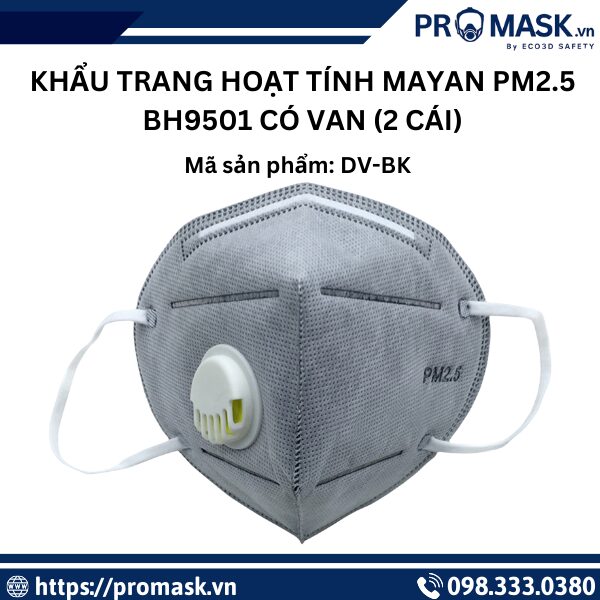 Khẩu trang than hoạt tính MAYAN PM2.5 BH9501 có van (2 cái) – Lọc bụi mịn, dễ thở hơn