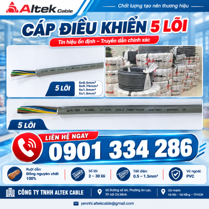 Cáp Điều Khiển ALTEK KABEL 5×0.5mm², 5×0.75mm², 5×1.0mm², 5×1.5mm²